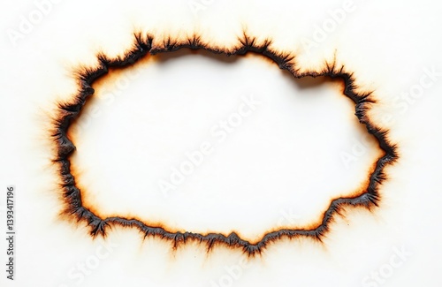 Close-up view of fire burned hole in white paper. Burnt edges form charred border, isolated on white background. Abstract design element evokes damage, destruction, aging concept. Grunge texture,