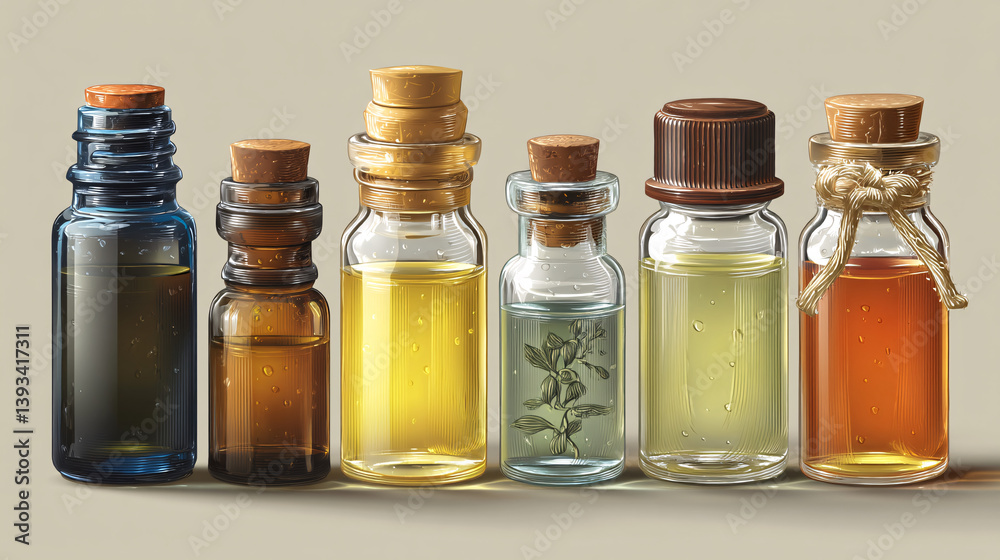A set of key oils in dark glass bottles, for use in aromatherapy. A set of key oils in dark glass bottles, for use in aromatherapy.