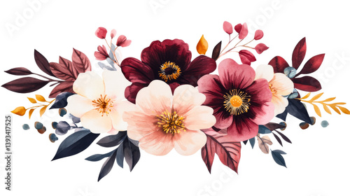 Fototapeta Naklejka Na Ścianę i Meble -  Floral arrangement with blossoms in maroon and white hues, cut out transparent