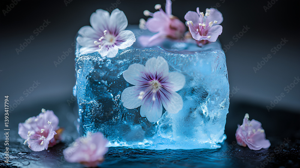 Frozen block of ice with delicate pink flowers embedded inside, showcasing a beautiful and artistic display of nature's elegance and beauty concept Frozen block of ice with delicate pink flowers embedded inside, showcasing a beautiful and artistic display of nature's elegance and beauty concept