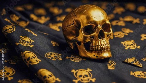 Golden skull and crossbones illustration on dark fabric.