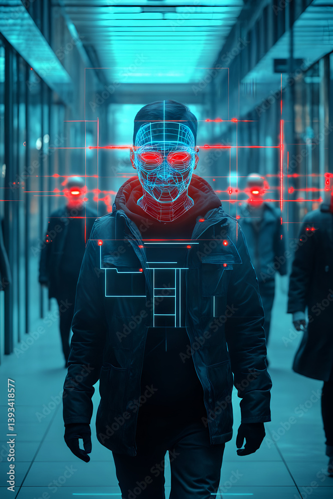 Futuristic facial recognition in urban setting with augmented reality overlay