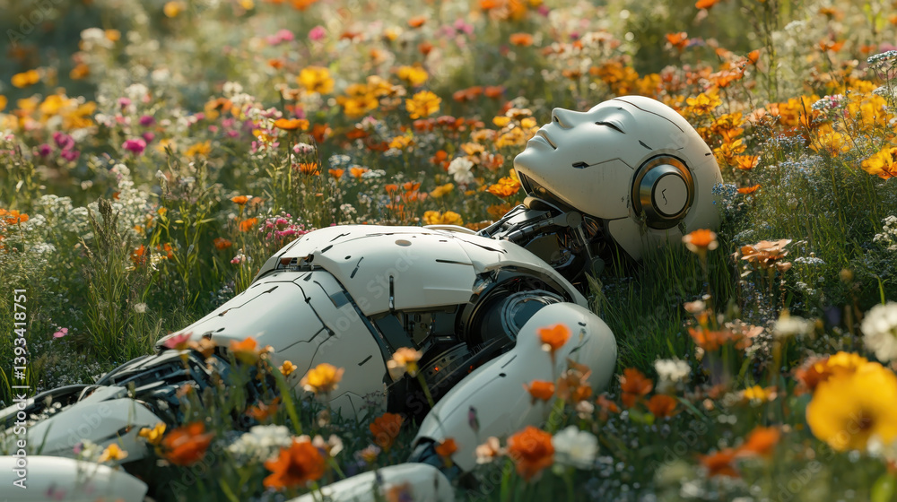 Ai robot resting in flower field in summer illustrating harmony between technology and nature