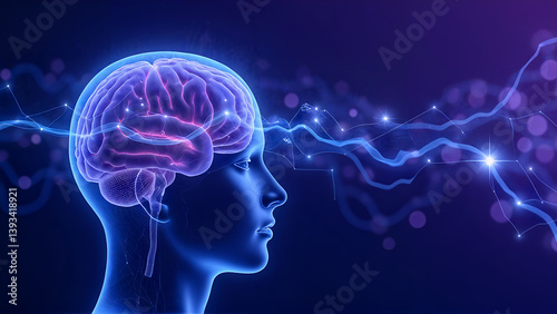 Obraz na płótnie Human brain with neural connections and digital data visualization in blue futuristic style w salonie