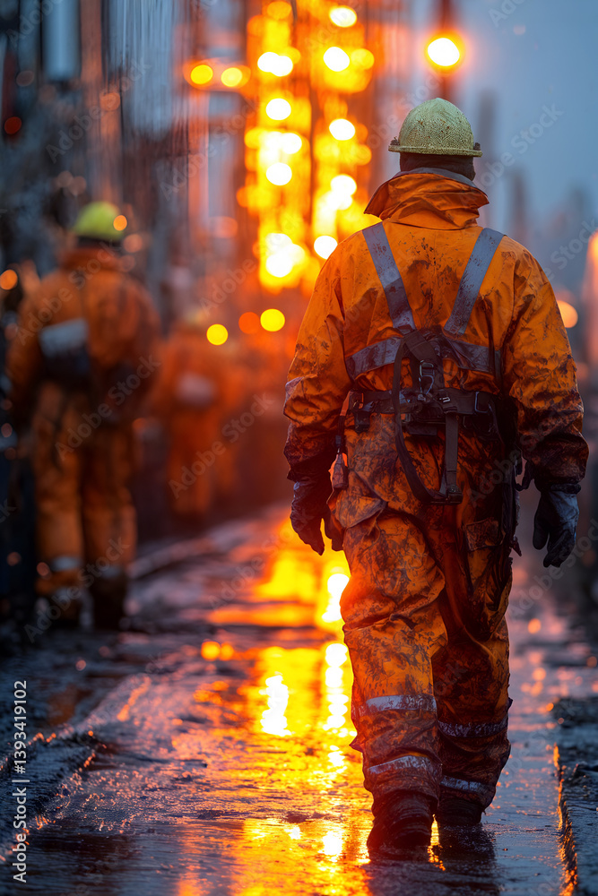 Oil rig workers in protective gear navigate wet platform at sunrise with reflective surfaces