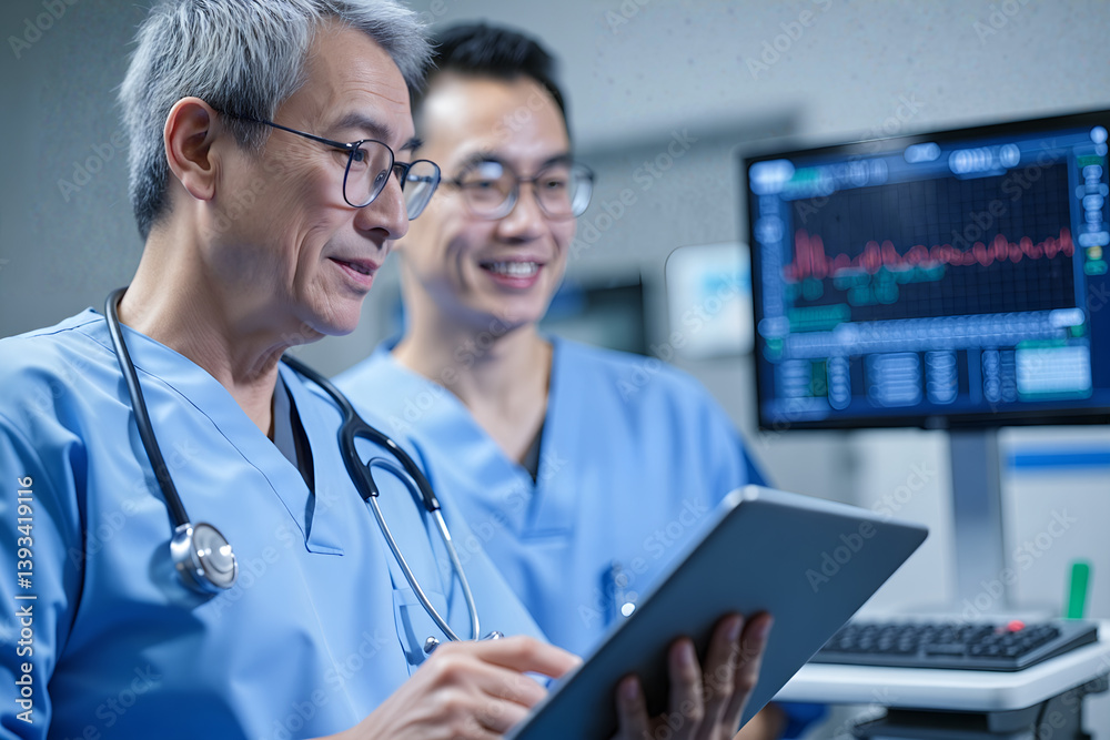 Two asian male healthcare professionals analyzing patient data on digital tablet in hospital environment