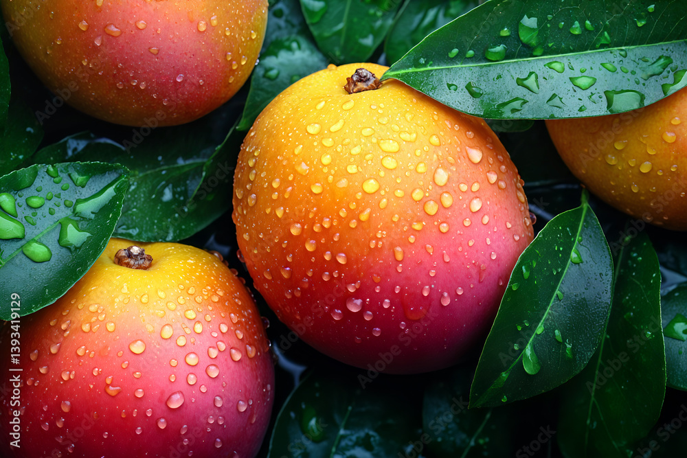 Fresh ripe mangoes with water droplets on green leaves - vibrant summer fruit with juicy, colorful skin