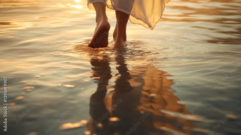Biblical scene of jesus christ miraculously walking on water at sunrise for faith and inspiration