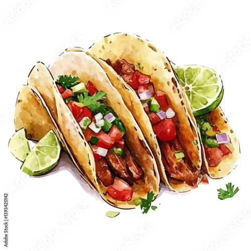 A watercolor vector illustration of Tacos al Pastor, isolated on a white background.

