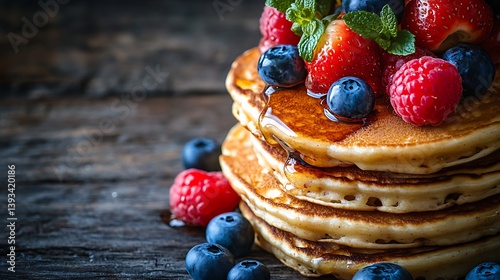 Stack of fluffy pancakes with berries and syrup on rustic table. Close-up of healthy and delicious school breakfast option. Celebrating National School Breakfast Week with morning treat and copy space