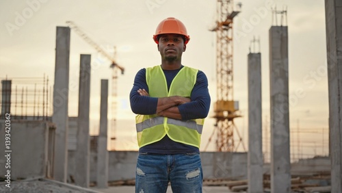 A person in a yellow vest stands near the entrance of a construction site, with equipment and buildings behind