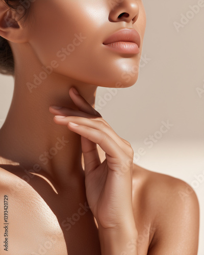 Close-up of female neck and shoulders with soft glowing skin on beige background.