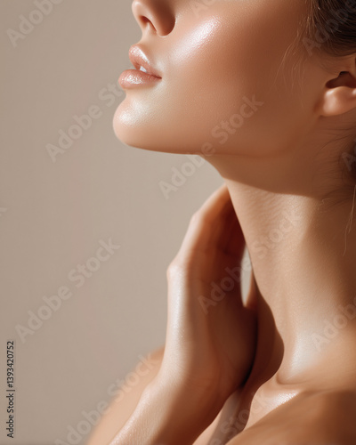 Close-up of female neck and shoulders with soft glowing skin on beige background.