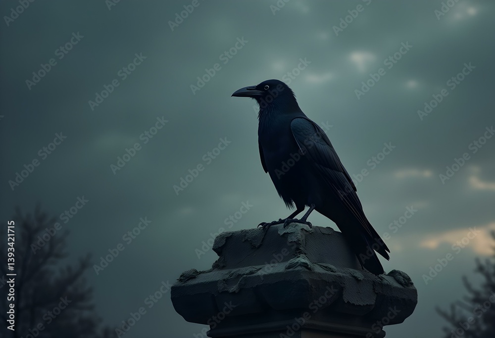 Fototapeta premium Raven Perched on a Crumbling Stone Statue at Twilight — Dark, Mysterious Fantasy Atmosphere