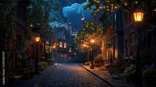 An artistic depiction of a quiet street at night, illuminated by streetlamps