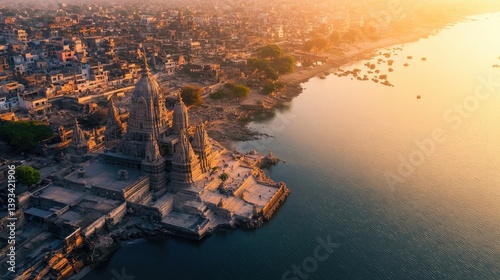 An aerial view of Dwarkadhish Temple, surrounded by serene waters, under the golden light of dawn