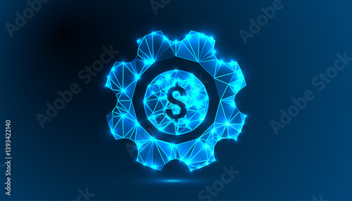 Low Polygonal vector illustration of a mechanism, Gear, Setting icon isolated on a blue background	
