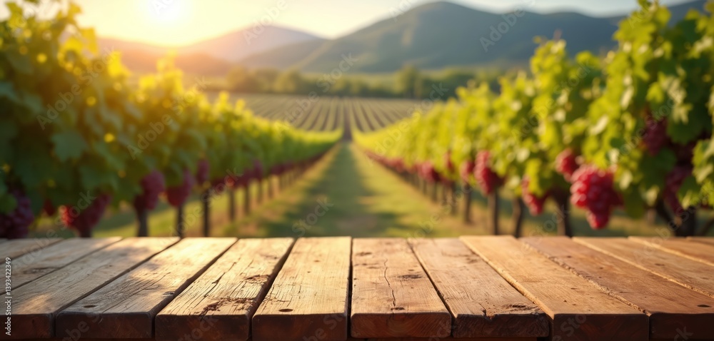Naklejka premium Empty wooden tabletop with blurred vinery background. Row of grapevines in sunlight, nature landscape. Ideal for product display, wine promo. Countryside view, agriculture, food and drink concept.