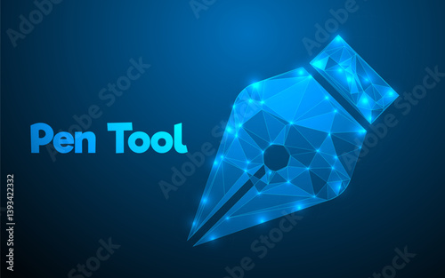 Pen tool neon light technology icon. Low Poly Pen Tool Icon Background. Abstract polygonal pen tool graphic design. A pen tool made with triangle low poly design structure wireframe on blue background