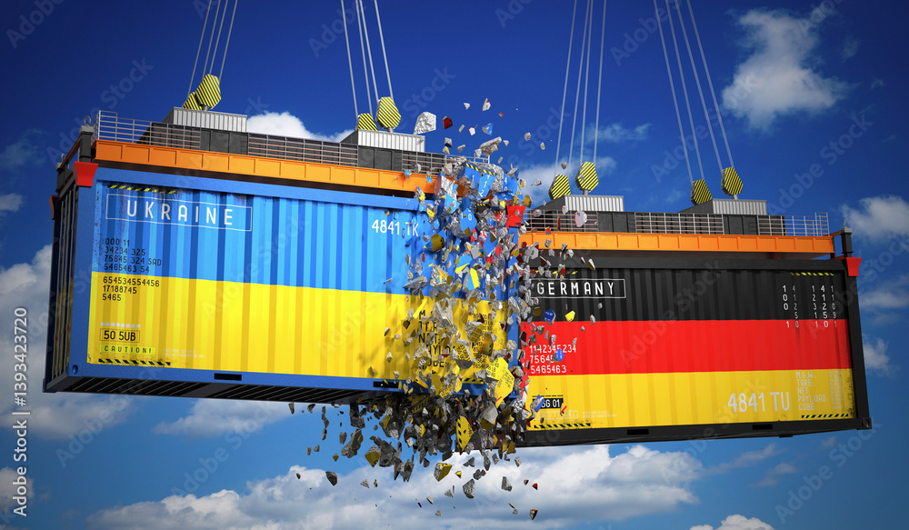 Cargo containers with flags of Ukraine and Germany - 3D illustration
