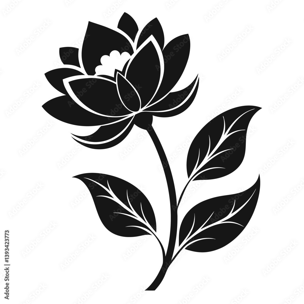 Fototapeta premium Single Lotus Flower Silhouette, Dark Blossom with Stem and Leaves, Isolated on White