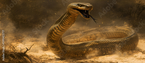 A cobra in a striking defensive stance, its hood flared wide as it hisses. The background shows a dry, dusty terrain with sparse vegetation, and