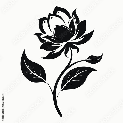 Wallpaper Mural Elegant Black Flower Silhouette with Stem and Leaf Detail on White Background Torontodigital.ca