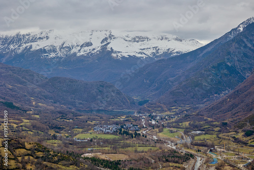 Fototapeta Naklejka Na Ścianę i Meble -  Aerial view of Benasque, a small town in the mountain valley in the Spanish Pyrenees