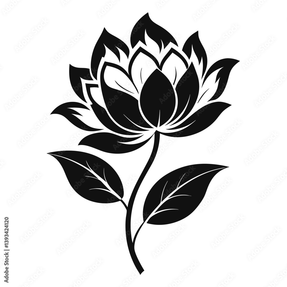 Elegant Lotus Blossom Illustration, Black Silhouette with Detailed Petals and Leaves Elegant Lotus Blossom Illustration, Black Silhouette with Detailed Petals and Leaves