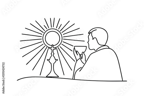Eucharist Communion, Religious Man Praying, Holy, Line Art, Simple, Minimalist, Divine, Worship, Fai