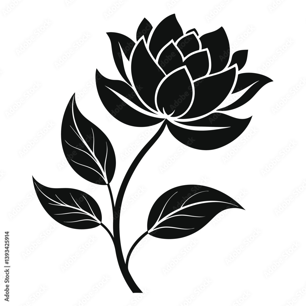 Floral Silhouette Art Black Ink Flower with Stem and Leaves on White Background Floral Silhouette Art Black Ink Flower with Stem and Leaves on White Background