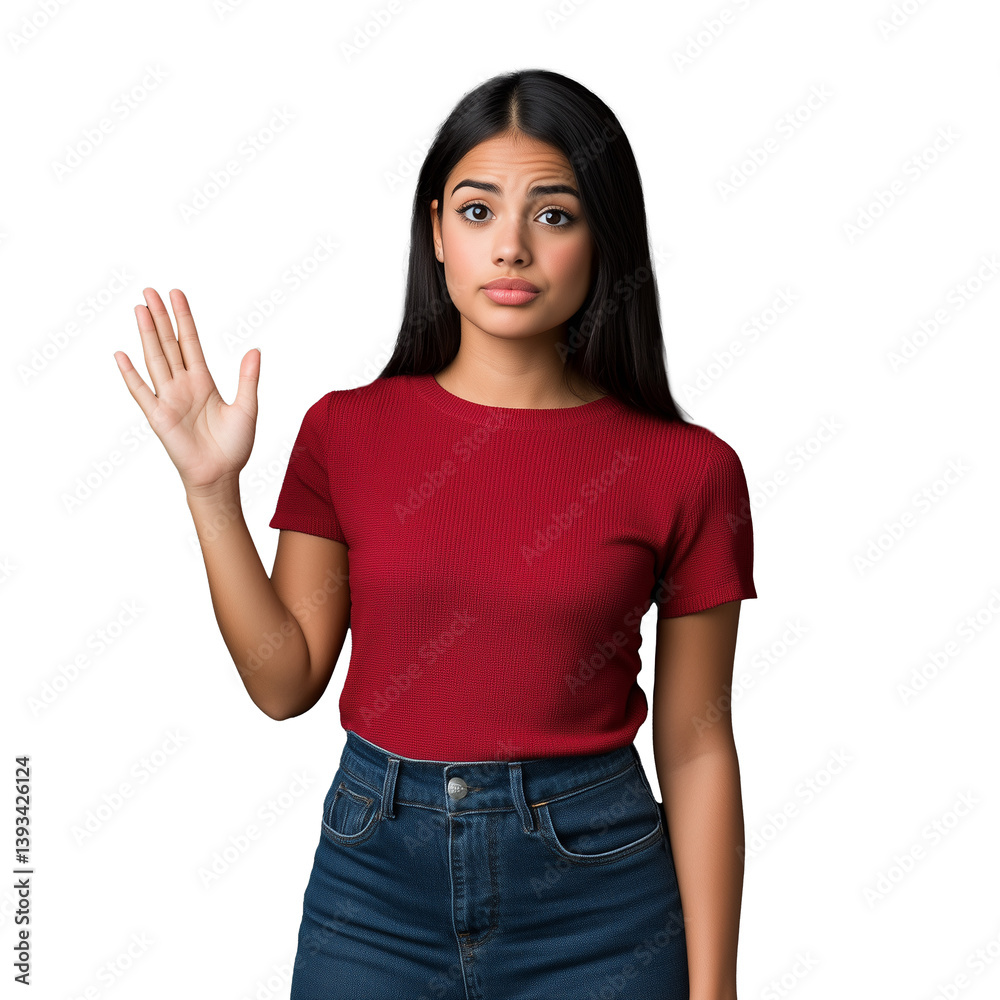 Young woman with raised hand gesture on transparent background