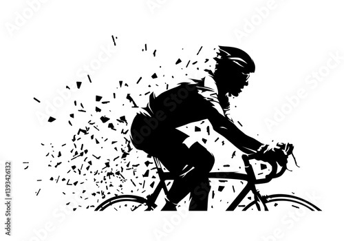 Cycling, road cyclist on bike, isolated vector silhouette. Sports high-contrast illustration with dispersion effect. Profile view