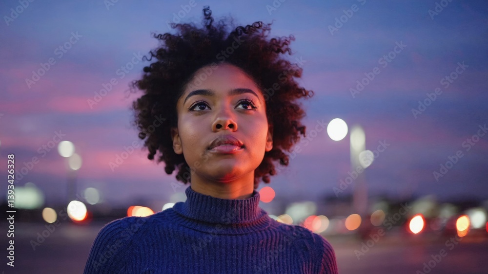 A woman in a blue turtleneck sweater looks up at the sky, lost in thought