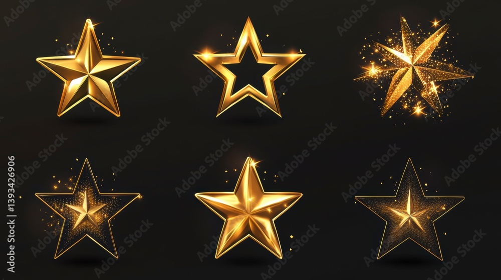 Six golden stars with sparkles and glow effects on black background. Six golden stars with sparkles and glow effects on black background.