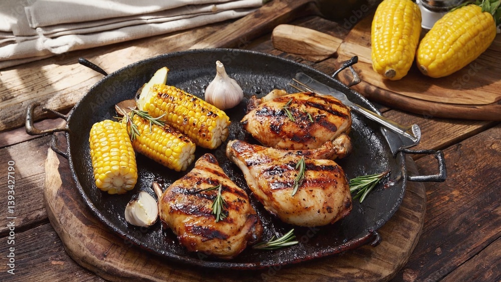 A warm pan filled with juicy chicken and sweet corn on a wooden table, perfect for a cozy dinner or picnic