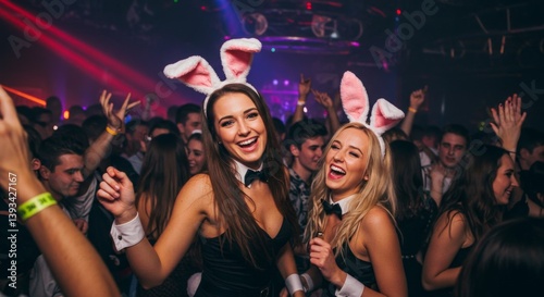 Women in bunny ears dancing at crowded nightclub