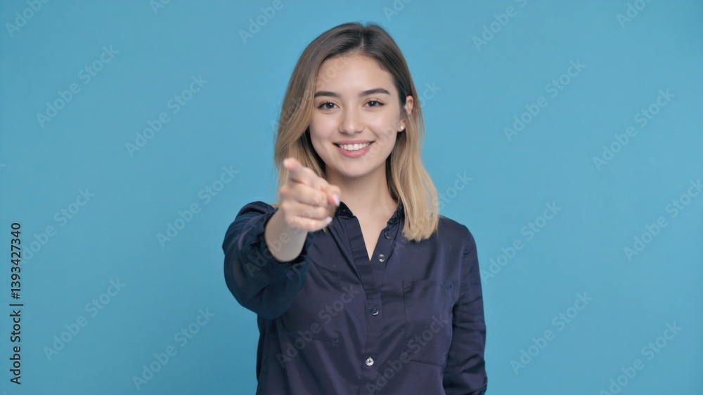 A woman wearing a blue shirt points her hand at the camera, attention-grabbing and direct