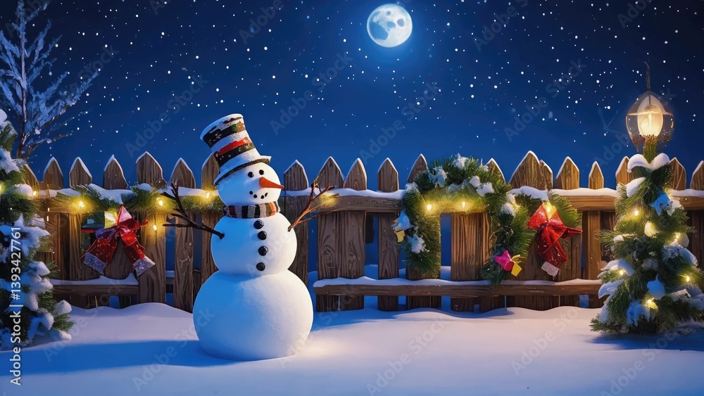 A snowman stands beside a fence in a snowy landscape