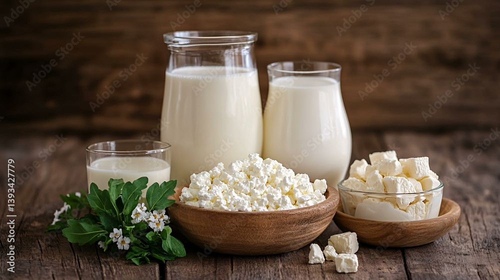 Creamy Milk and Cheese Selection on Rustic Wooden Table Creamy Milk and Cheese Selection on Rustic Wooden Table