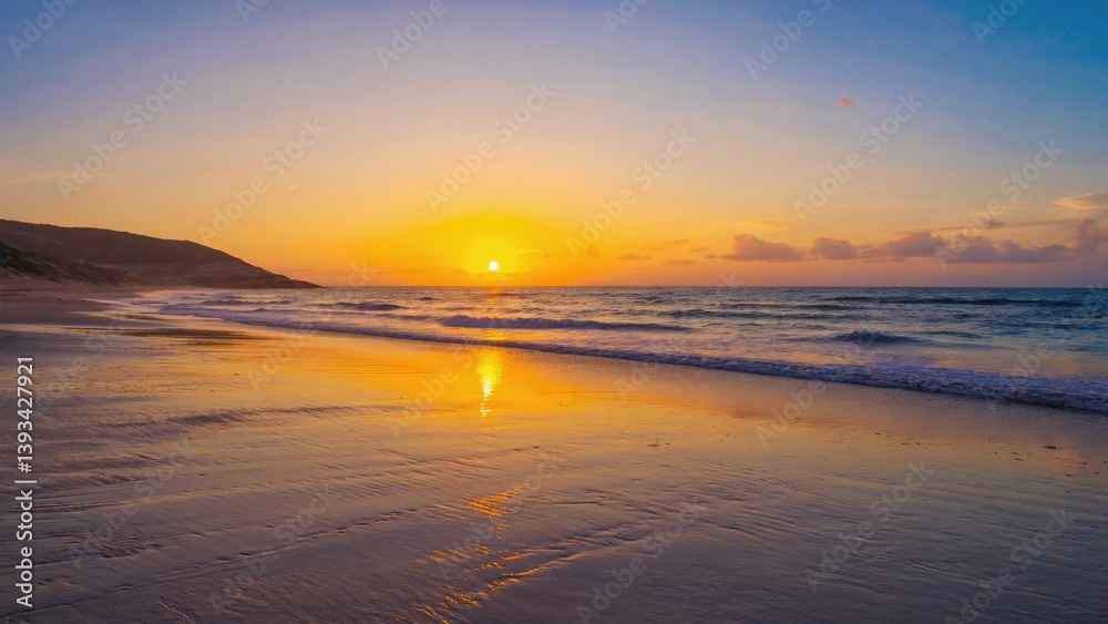 A peaceful sunset scene with a calm ocean and beach in the background, perfect for travel or outdoor adventure themed projects
