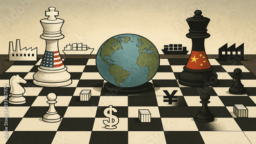 A chessboard where pieces are shaped like factories, cargo ships, and national flags