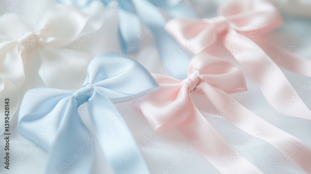 Fototapeta premium Satin ribbons in pastel pink and blue colors on a soft fabric background 