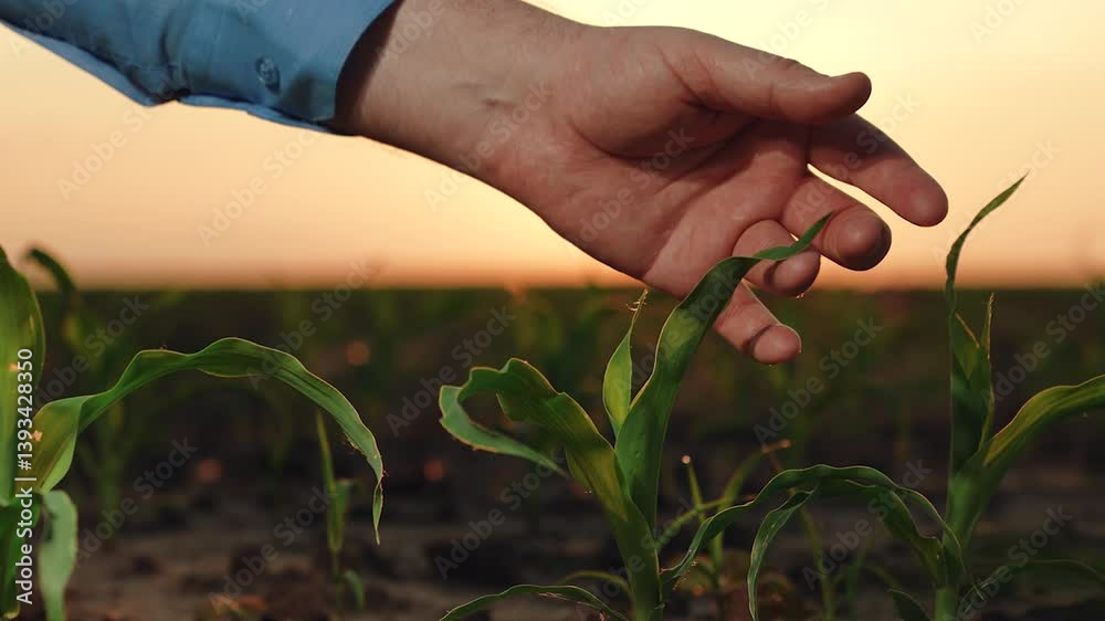 sprout hand sunset, sun sky hand fresh leaf corn, colorful idyllic landscape grain harvest, industry ethanol sprout ecology countryside, maize country background culture farming, rural up eco ground