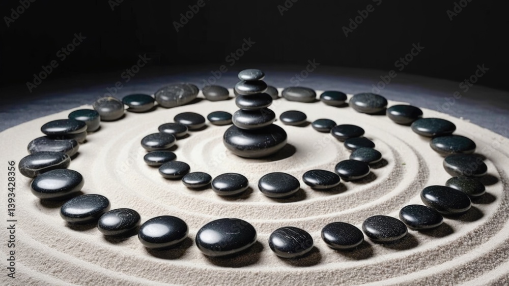 A unique spiral design created using black and white stones
