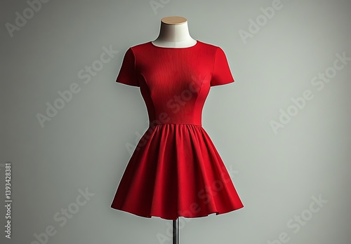 Elegant red dress on mannequin showcasing minimalist design and vibrant color.