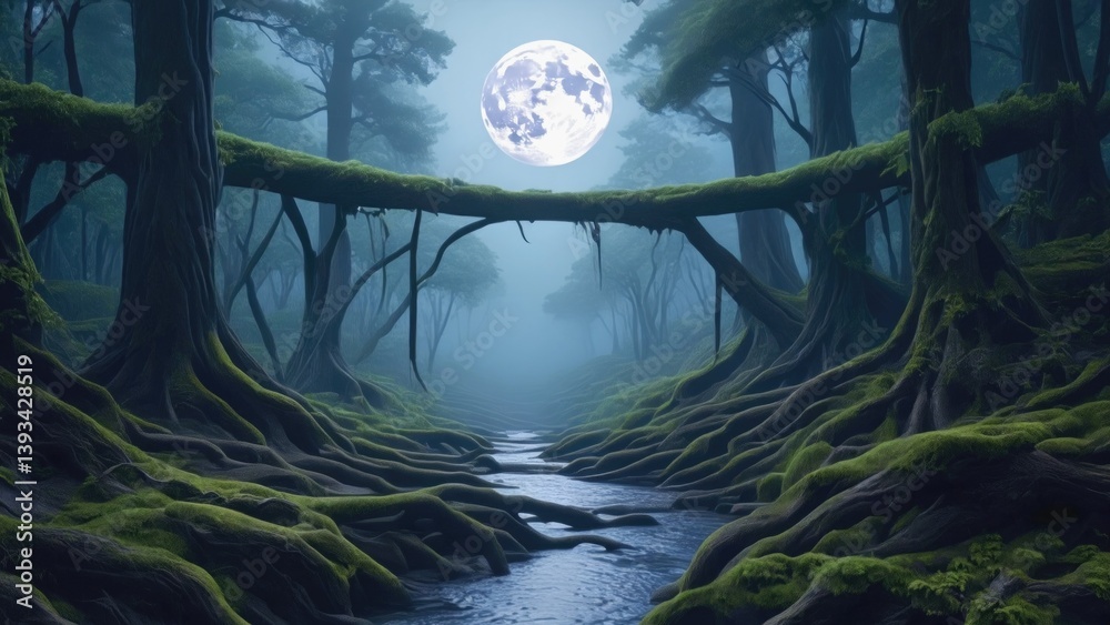 A serene and peaceful scene of a river flowing through a dense green forest at night, illuminated by the soft glow of the full moon