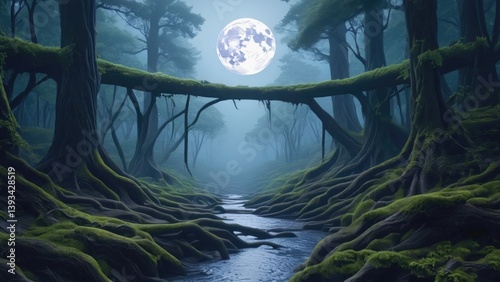 Obraz na płótnie A serene and peaceful scene of a river flowing through a dense green forest at night, illuminated by the soft glow of the full moon w salonie