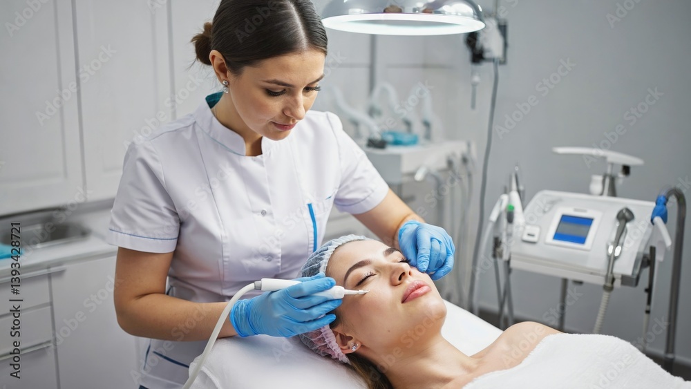 A woman undergoing a medical treatment on her face, suitable for use in health and wellness editorial or advertising