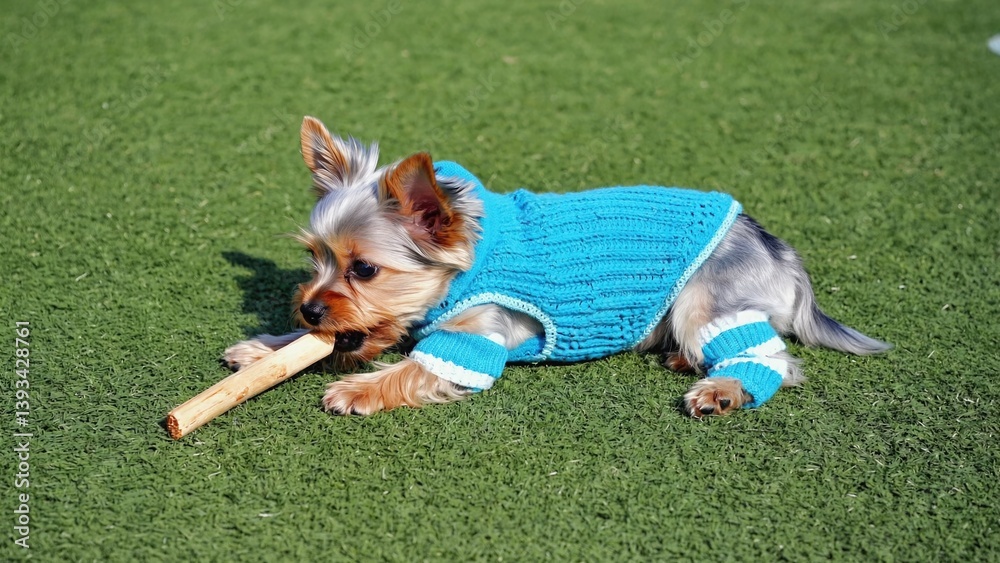 A small dog wearing a blue sweater is happily chewing on a stick